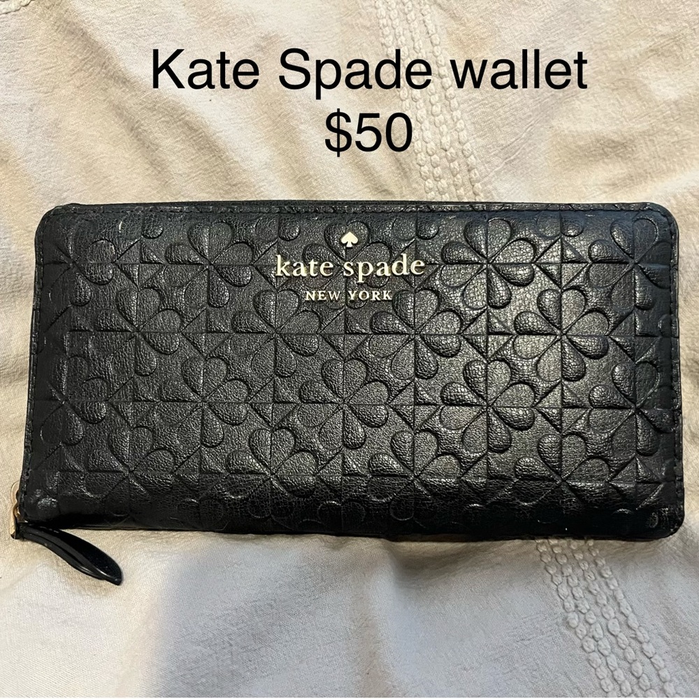 kate spade black embossed floral zip-around wallet